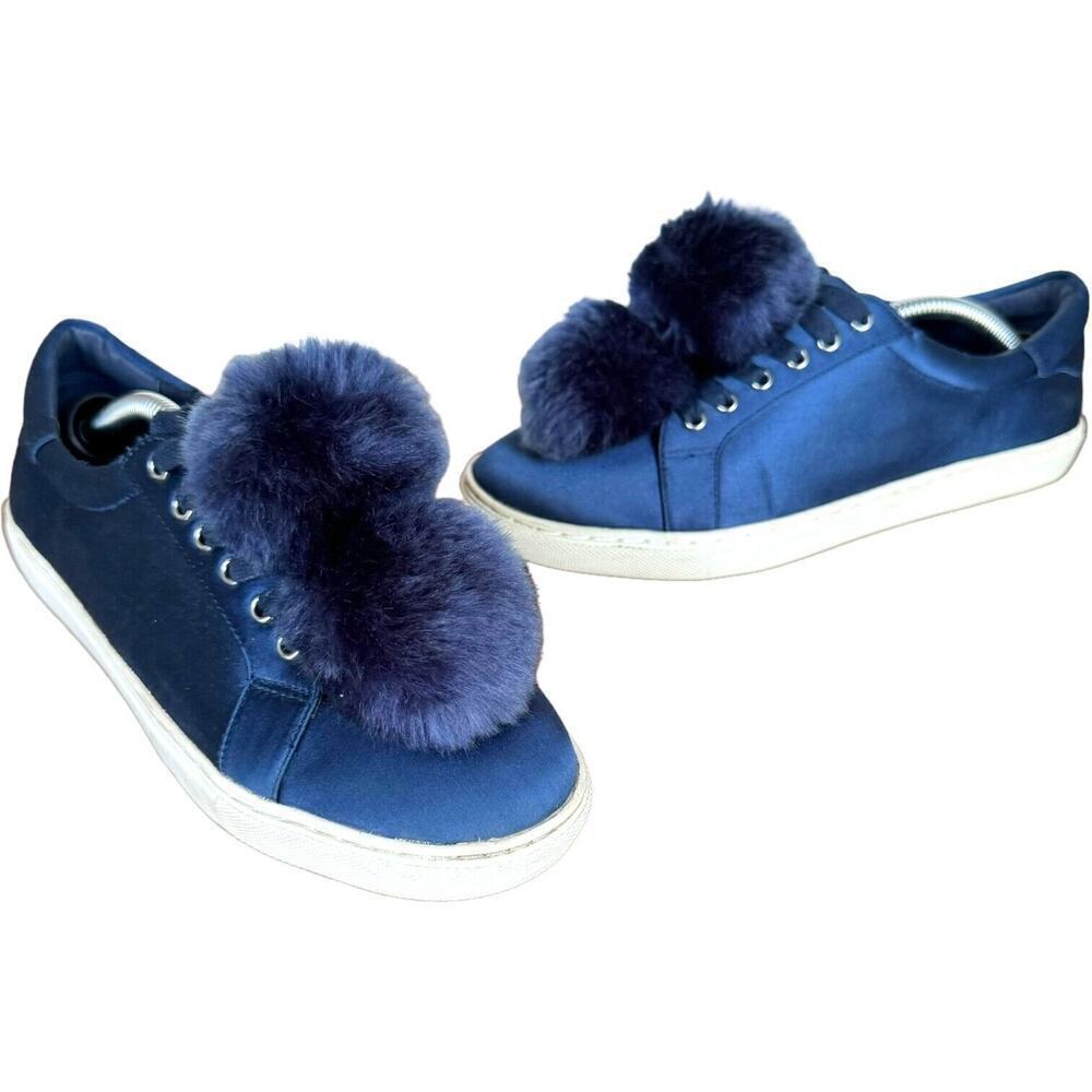 J Slides Womens NYC Cash Sneakers Blue Satin Pom Pom Faux Fur Lace Up Low 7.5